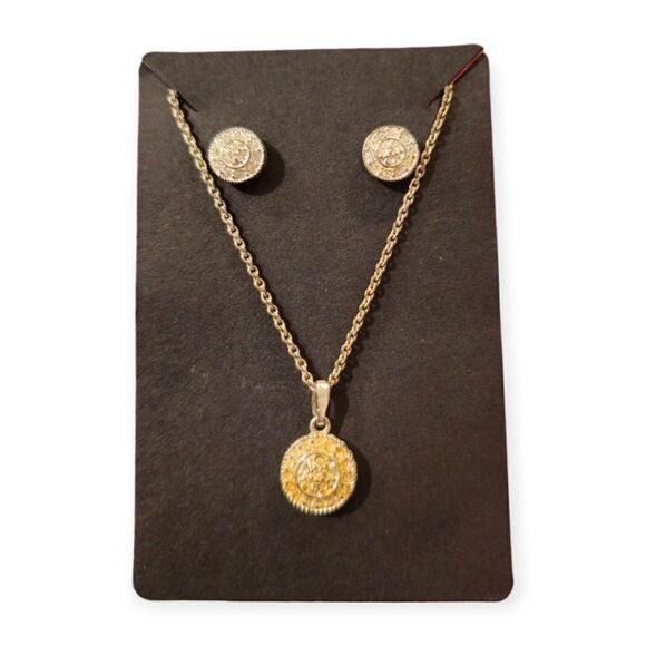 Small Gold and Siver-tone Medallion Necklace with Matching Earrings - Picture 2 of 6